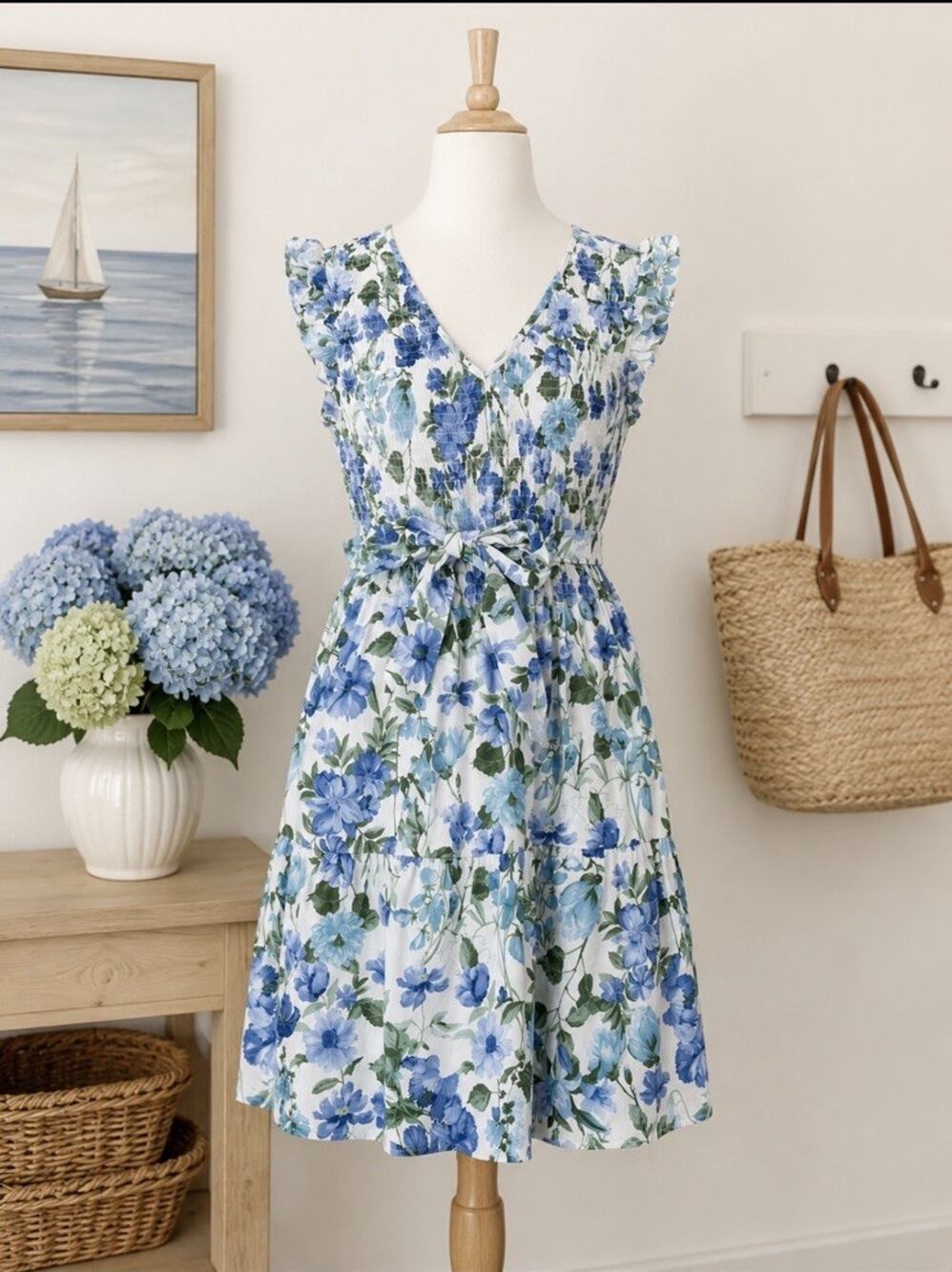 Laura Ashley Blue Floral Smocked Midi Dress Cottagecore Coquette Coastal Size XL